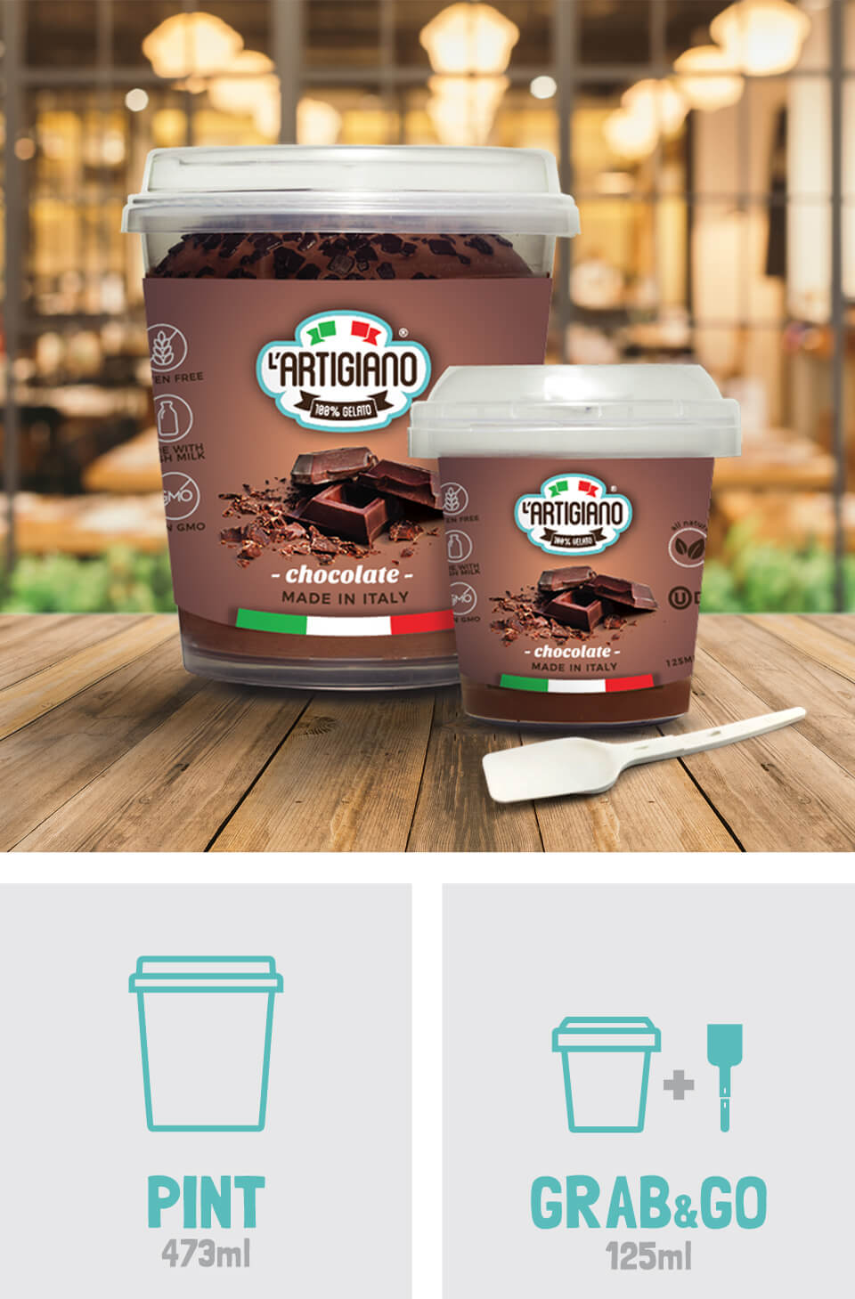 CHOCOLATE GELATO - Milk, water sugar, cocoa, soy lecithin, fibre, natural flavours, locust bean gun. CONTAINS: milk, soy Processed in afacility that also uses milk, soya, eggs, coconut, nuts